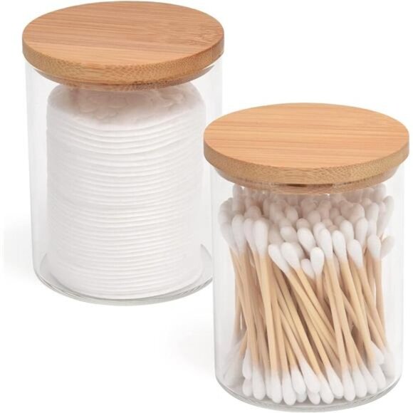 2Pack Glass Qtip Holder Dispenser Bathroom Jars with Bamboo Lids,Cotton Ball Pad - Picture 1 of 8